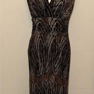 Evan Picone Black and Brown Feather Pattern Maxi Dress